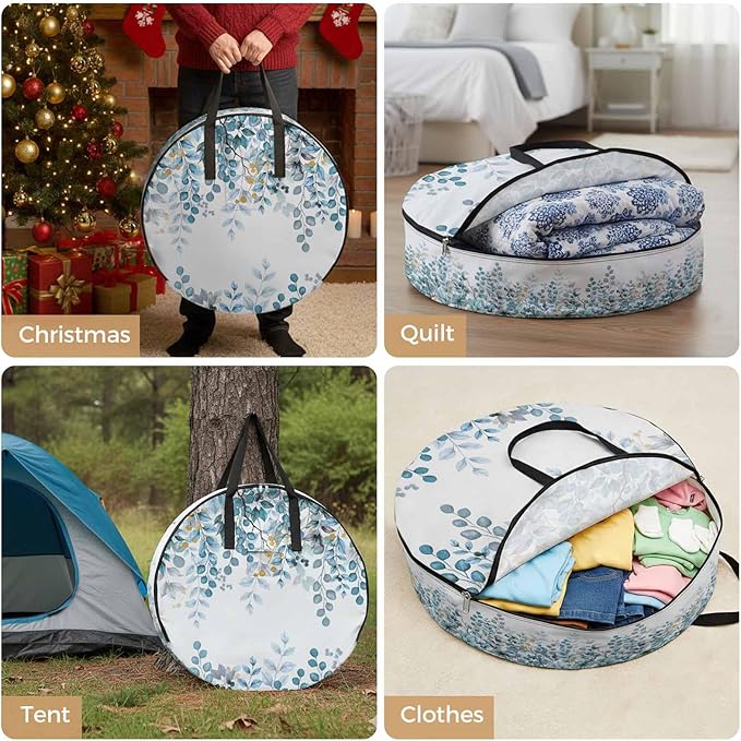 Storage Bag Teal Blue Eucalyptus Leaves Round Storage Totes Bins Closet Organizers with Zippers & Handle Berry Branch Nature Plant Clothes Storage Container for Bedroom Space Saving Packing Supplies