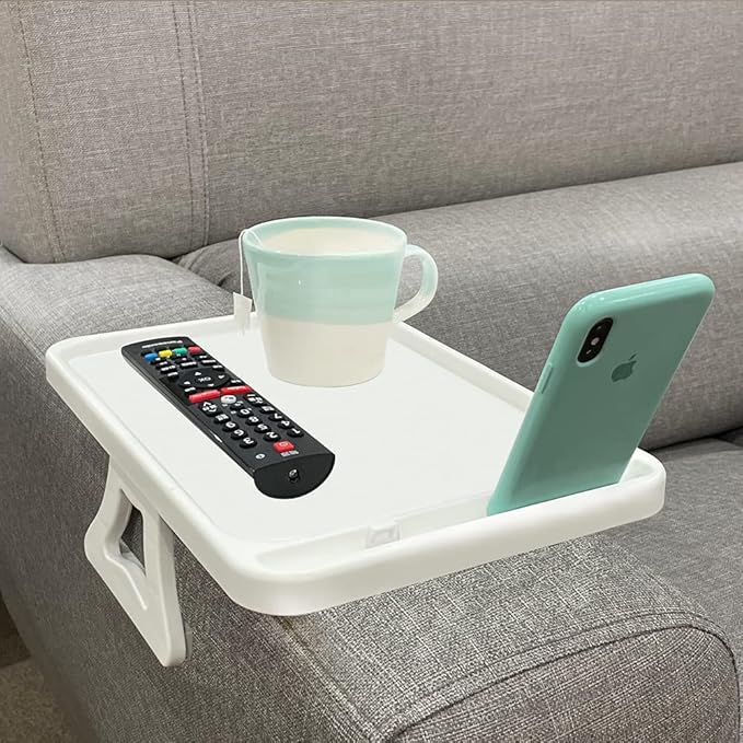 Xchouxer Sofa Armrest Clip Table, TV Snack Tray, Handy Remote Controls/Drinks/Phone Holder (White)