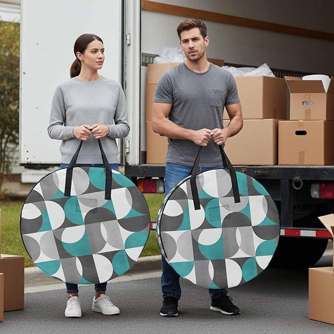 Storage Bag Mid Century Geometric Round Storage Totes Bins Closet Organizers with Zippers & Handle Abstract Modern Teal Clothes Storage Container for Bedroom Dorm Space Saving Packing Supplies Bags