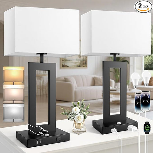 27.2’’ Tall Black Table Lamps for Living Room Bedroom, Bedside Touch Control Lamps with 2 USB Ports&AC Outlet, 3 Color Temp.&Stepless Dimming Desk Lamp Sets for Home Office, Pre-assembled White Shade