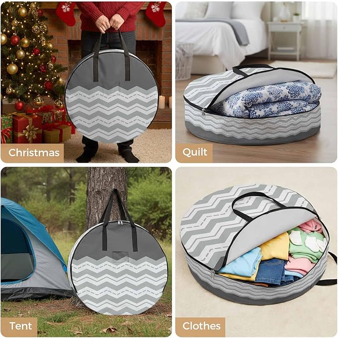 Storage Bag Grey Waves Round Storage Totes Bins Closet Organizers with Zippers & Handle Chevron Stripe Lines Clothes Storage Container for Bedroom Dorm Space Saving Packing Supplies Moving Bags