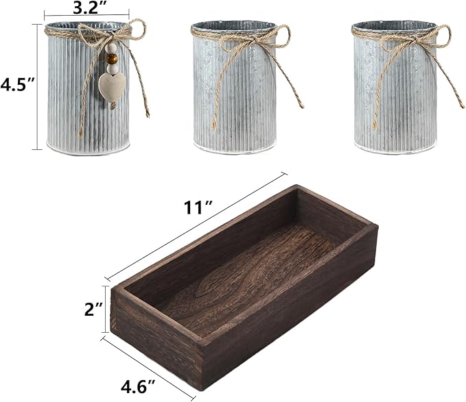Artificial Gypsophila Baby's Breath, Rustic Table Centerpieces Home Decor for Dining Room, Farmhouse Wood Planter Box with 3 Galvanized Metal Pots Decorative Table Centerpiece