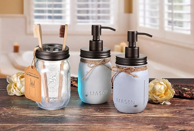 Mason Jar Toothbrush Holder – Bronze – with Genuine Glass 16 Ounce Mason Jar for Regular Mouth Mason Jar ， Premium Rust-Proof 304 Stainless Steel - Rustic Farmhouse Decor Bathroom Accessories