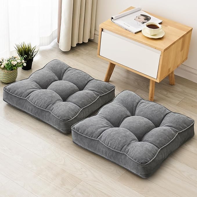 1 MIDDLE ONE Floor Pillow Set of 2, Memory Foam Floor Cushions for Adults, Large Meditation Pillow for Sitting, 22 x 22 Inches (Square | Grey)