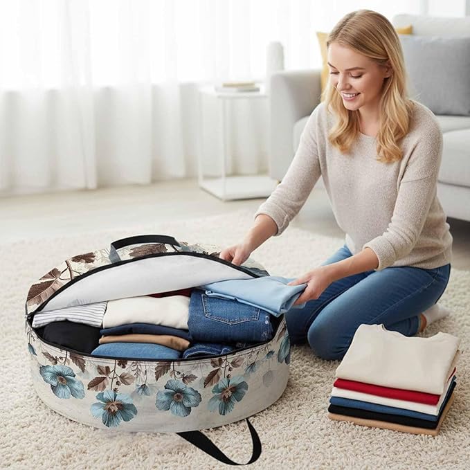 Victorian Style Round Storage Bag 24 Inch, Blue Retro Poppy Flower Plant Clothes Storage Container with Handles Heavy Duty Organizer for Comforter, Bedding & Holiday Wreaths