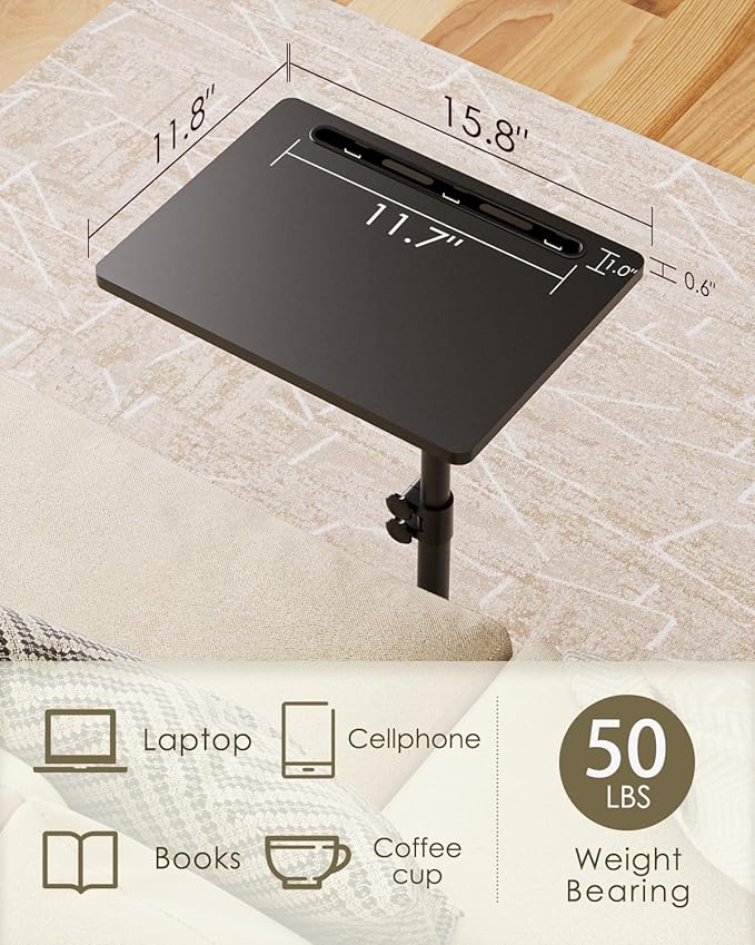 Masupu Sofa Arm Tray Table - 360° Swivel Height Adjustable End Table, Small Snack Side Table for Couch, C Shaped Table for Bed, Chair or TV Tray Table(Black)