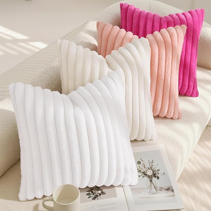 decorUhome Summer Cozy Faux Fur Throw Pillow Covers 16x16 Set of 2 Decorative Soft Plush Striped Modern Farmhouse Boho Couch Pillow Cases with Velvet Back for Sofa Bed Living Room, Hot Pink