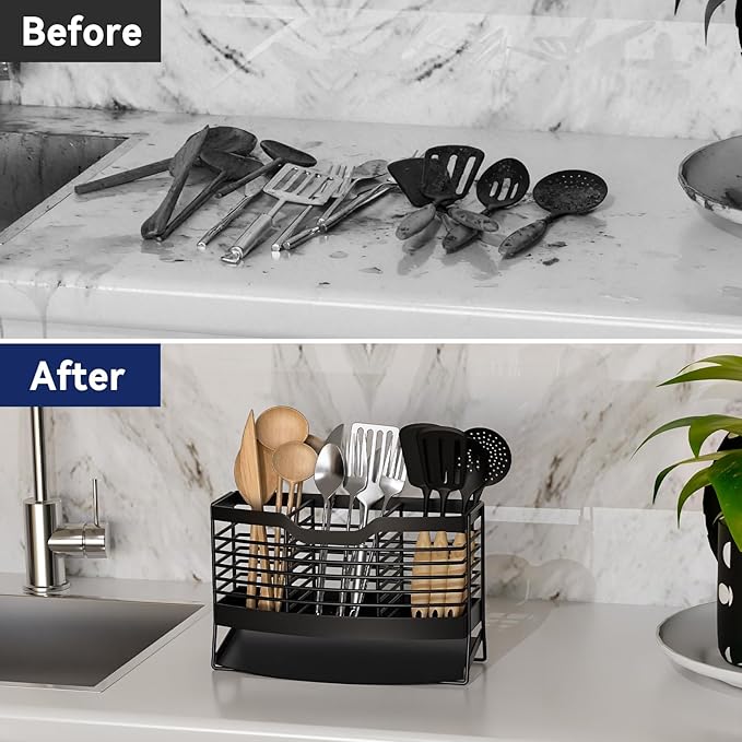 Utensil Holder for Kitchen Counter, Stainless Steel Utensil Drying Holder with Automatic Drain Tray, 3 Compartments Utensil Caddy for Silverware Spoon Cutlery