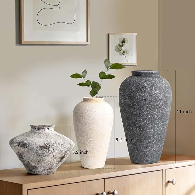 Green Ceramic Vase 11 Inch, Large Tall Decorative Vase for Centerpieces, Farmhouse Rustic Flower Vase for Home Decor, Living Room, Console, Wedding