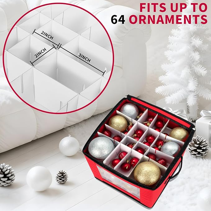 DIMESHY Christmas Ornament Storage Box With Adjustable Dividers,Ornament Storage Container with Two Handles for 64Holiday Decorations,Red
