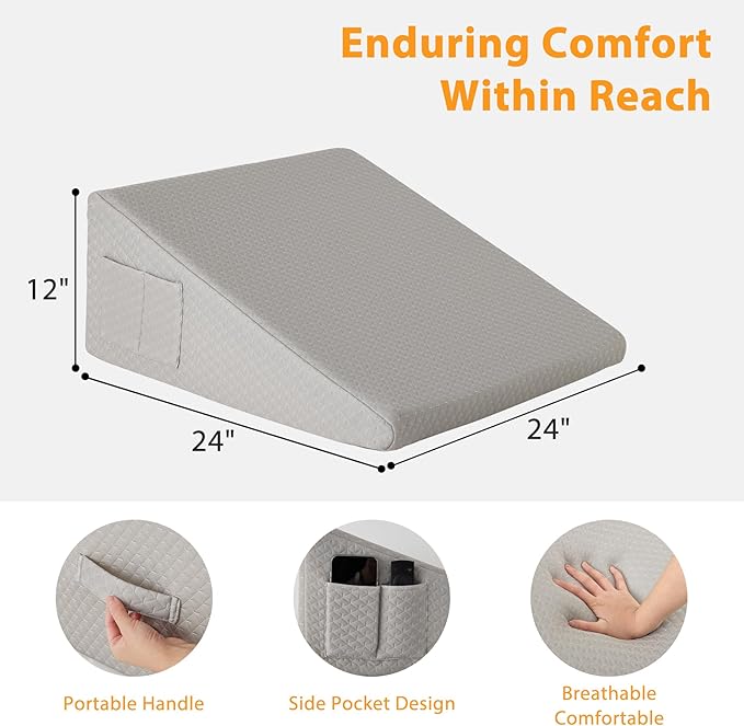 Ruqmuis Wedge Pillow for Sleeping, 12" Bed Wedges Pillow for Headboard, Triangle Incline Wedge for Acid Reflux, Pillows Wedge for Back Pain Relief, Elevated Leg Pillow After Surgery, Snoring, Grey
