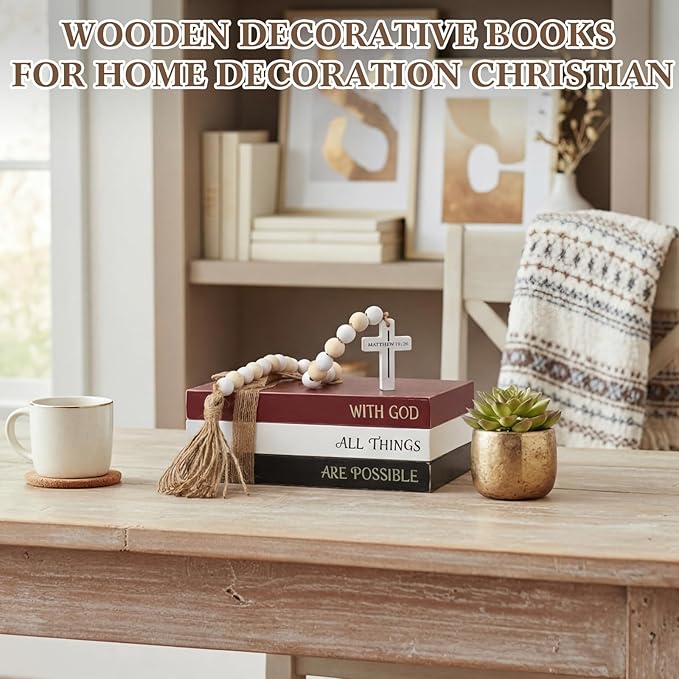 Tatuo 4 Pcs Wooden Farmhouse Decorative Books for Home Decor Coffee Table Faux Books for Decoration White Fake Decorative Stacked Display Set with Beads Garland Shelf Living Room Decor (Christian)