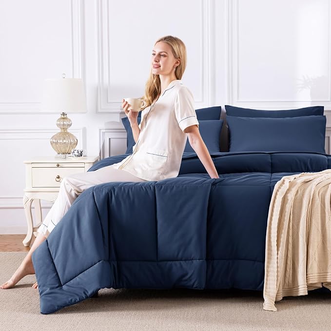 CozyLux Oversized King Comforter Sets Navy Blue, 7 Pieces Bed in a Bag, Ultra-Soft All Season Bedding Sets with Stitch Quilted Comforter, Flat Sheet, Fitted Sheet, Pillowcases