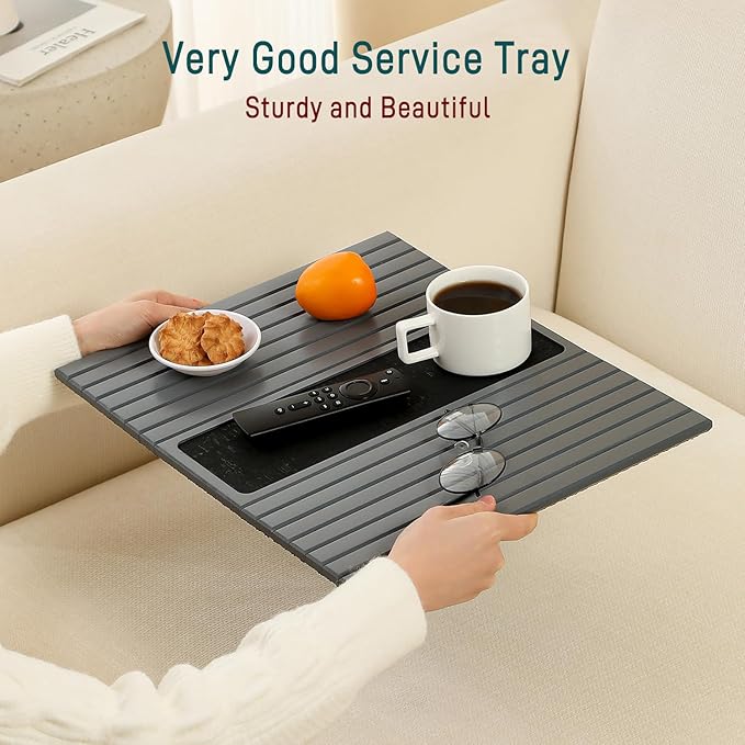 Bamboo Couch Arm Tray Table with Anti-Slip Cork Pad，Foldable Sofa Armrest Tray Table for Couch，Flexible Couch Arm Cup Holder，Portable Sofa Arm Chair Table for Drink, Snacks, Phone, Remote (Gray)