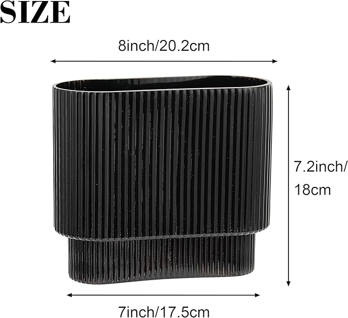 Ribbed Vase, Black Glass Vase for Flowers, Black Flower Vases for Tulips, Modern Vases for Living Room, Dining Table, Office, Bedroom, Mantle, Shelf, Wedding, 7 Inch