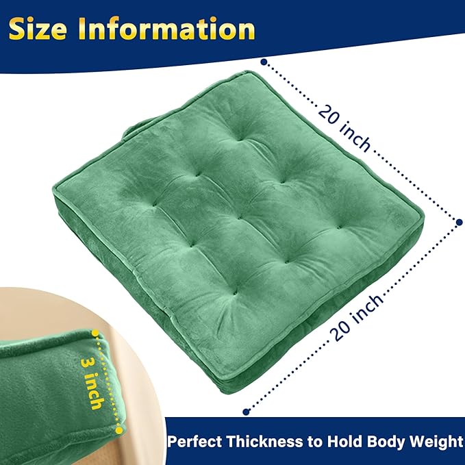 1 MIDDLE ONE Floor Pillow Set of 2, Memory Foam Meditation Cushion, Floor Cushions for Adults Sitting, Large Square Seat Cushions for Yoga, Living Room, 20x20 Inch (Green)