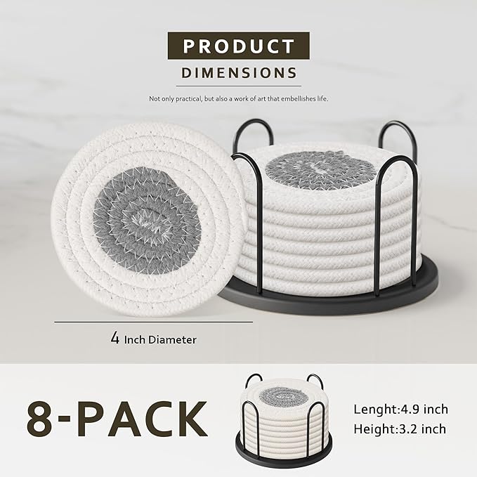 Lazebox Coasters Set of 8 for Drinks, Beer, Coffee, Cotton Woven Absorbent Coaster with Holder, Boho Coasters for Home Decor Tabletop Protection Suitable for Kinds of Cups, White & Grey