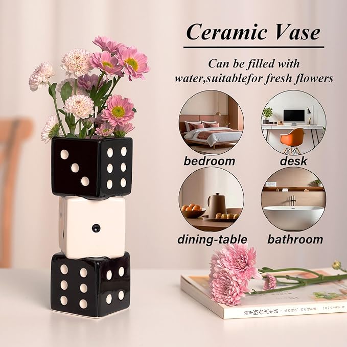 MOUGIGI Unique Handmade Dice Vase - Stylish Black & White Ceramic Decor for Home, Bar | Geometric Design Perfect for Fresh, Dried, or Artificial Flowers | Eye-Catching Centerpiece & Decorative Accent