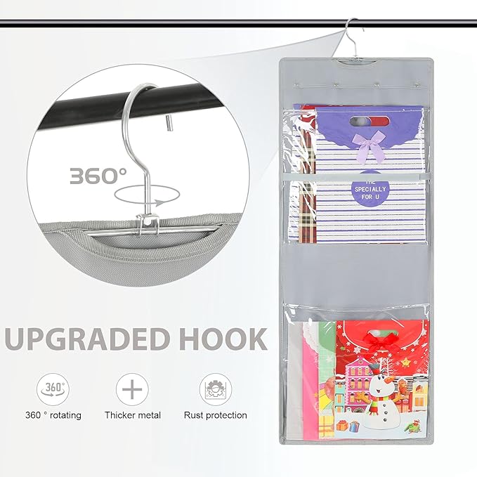 Freegrace Double-Sided Hanging Gift Wrap Organizer - Large 16 x 41 Inch Wrapping Paper Storage Bag - Tearproof 600D Oxford Closet Gift Bag & Ribbon Organization Storage Caddy, Gray
