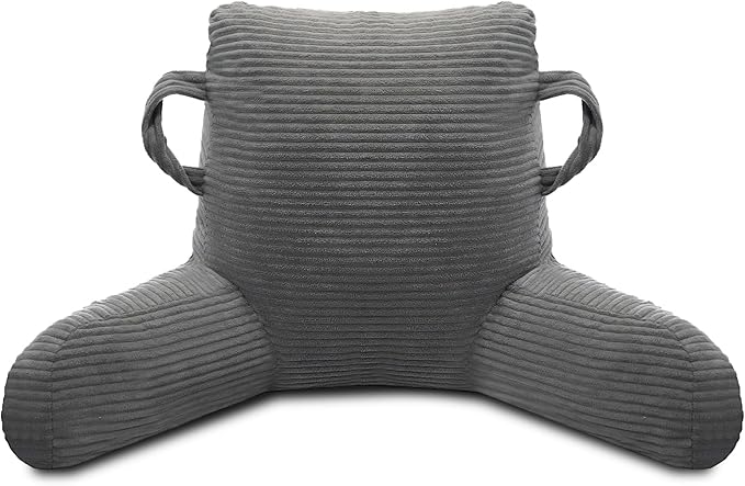 Reading Pillow for Sitting in Bed Adult, Bed Reading Pillow with Shredded Memory Foam, Back Pillow for Sitting with Arms and Pockets, Gery