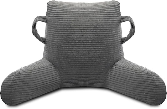 Reading Pillow for Sitting in Bed Adult, Bed Reading Pillow with Shredded Memory Foam, Back Pillow for Sitting with Arms and Pockets, Gery