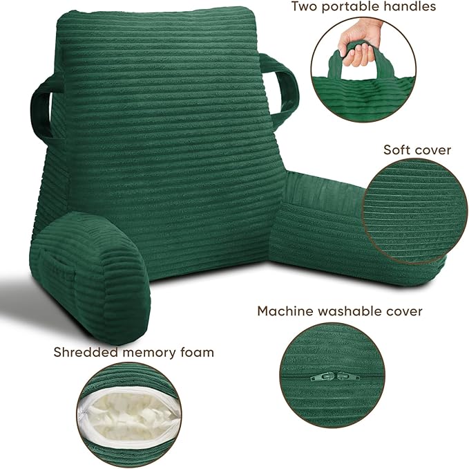 Reading Pillow for Sitting in Bed Adult, Bed Reading Pillow with Shredded Memory Foam, Back Pillow for Sitting with Arms and Pockets, Green