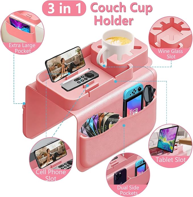 Silicone Couch Cup Holder Tray with Tablet & Phone Stand, Anti-Slip Sofa Arm Organizer with Dual Side Pockets for Remotes, Snacks, Headphones, Glasses, Drinks (Pink)