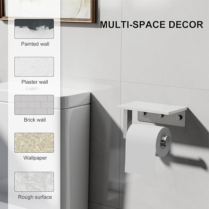 Toilet Paper Holder with Marble Shelf, 304 Stainless Steel Tissue Hand Holder Wall Mounted Toilet Paper Roll Hold with Phone Shelf for Bathroom Kitchen Washroom Bedroom, Brushed Nickel