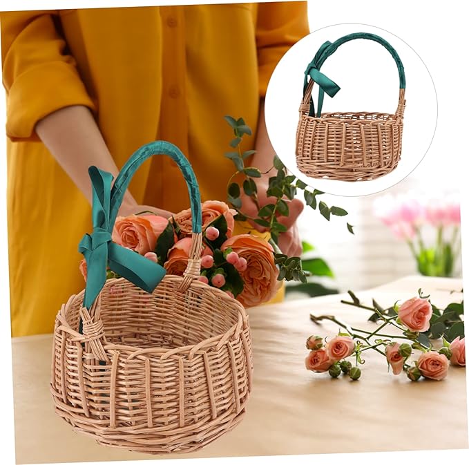 KOMBIUDA Natural Rattan Storage Basket Woven Wicker Organizing Bin for Home Decoration Living Room Bedroom Boys and Girls Room Office Handles for Easy Carrying