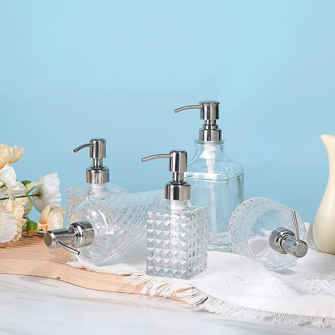YunNasi Soap Dispenser with Stainless Steel Pump, Clear Crystal Design, Vintage and Elegant, Refillable Liquid Hand Soap Dish Soap Dispensers for Bathroom Counter, Kitchen Sink (Style 4)
