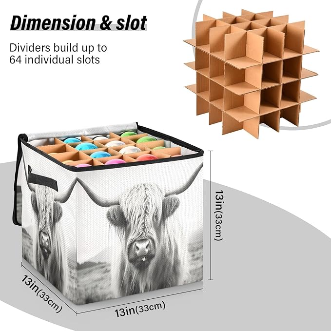 Kigai Highland Cow Christmas Ornament Storage Box with Zipper & Adjustable Dividers Holiday Ornament Organizer Xmas Storage Container, 64 Balls