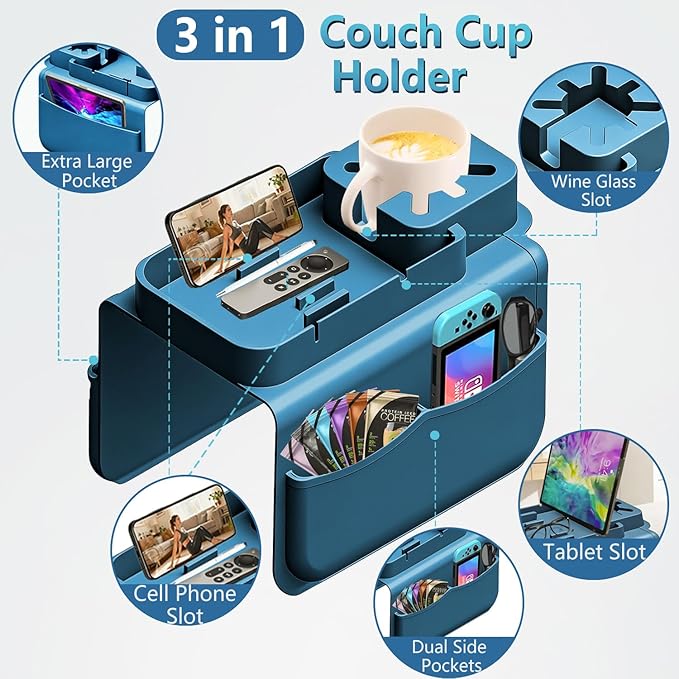 Silicone Couch Cup Holder Tray with Tablet & Phone Stand, Anti-Slip Sofa Arm Organizer with Dual Side Pockets for Remotes, Snacks, Headphones, Glasses, Drinks (Blue)