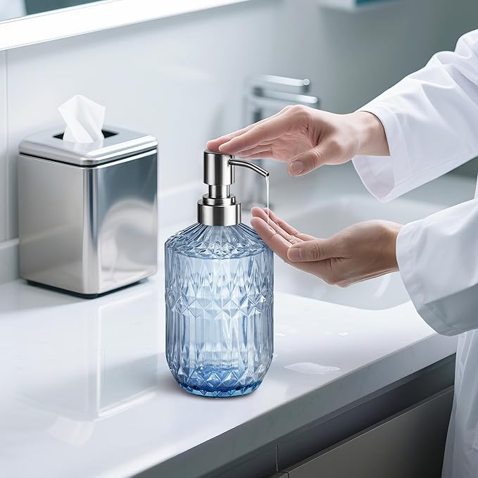 Kaishun 13 Oz Refillable Soap Dispenser, Glass Soap Dispenser for Dispense Hand Soap, Dish Soap, Lotion 2pack (Blue)