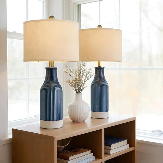 USumkky 23.75inch Blue Modern Ceramic Bedside Lamp Set of 2 with 5FT Cord for Bedroom Decor Farmhouse Table Lamp for Living Room Office Dorm