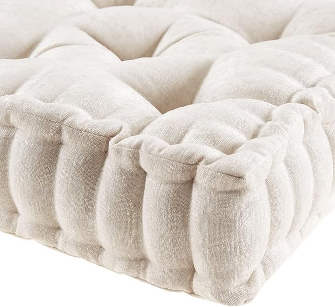 Intelligent Design Azza Floor Pillow, Large Cushions Sitting for Adults, Floor Pillow for Meditation or Yoga, Lustrous Chenille Tufted with Scalloped Edges for Bench/Chair Cushion, 20"x20"x5" Ivory