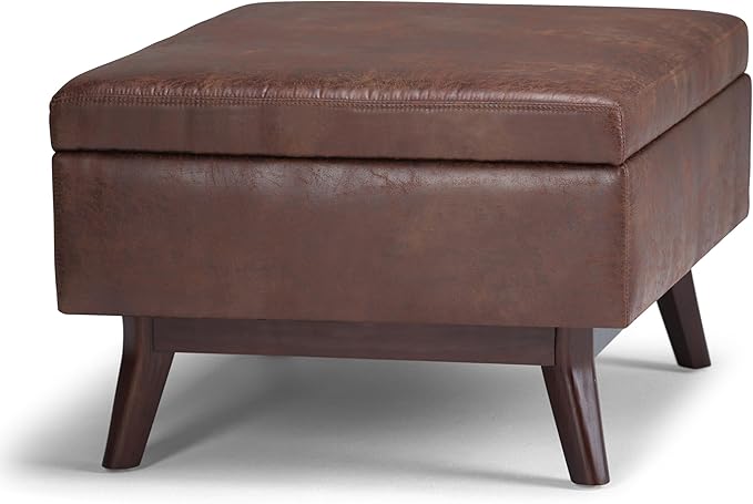 SIMPLIHOME Owen Coffee Table Storage Ottoman - 34" Wide x 19" High Upholstered Vegan Leather Rectangular Lift-Top Ottoman in Distressed Saddle Brown, Mid-Century Modern Bench with Tapered Legs