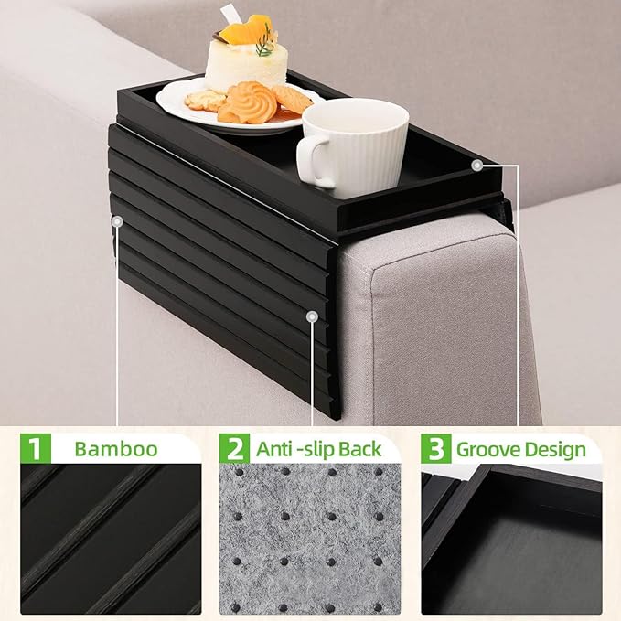 Bamboo Sofa Arm Tray with 2Pcs Cup Mats, Foldable Sofa Armrest Tray Side Table, Anti-Dropping Couch Armrest Table Cup Holder for Eats Drinks Snacks Remote Cellphone Cup Holder(Black)