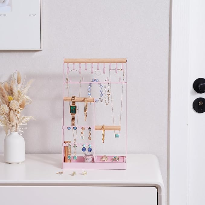 ProCase Jewelry Stand Holder Organizer, 5-Tier Necklace Holder with Ring Tray, 15 Hooks Necklaces Hanging Small Jewelry Display Storage Tower Tree for Bracelets Earrings Watches -Large, Pink