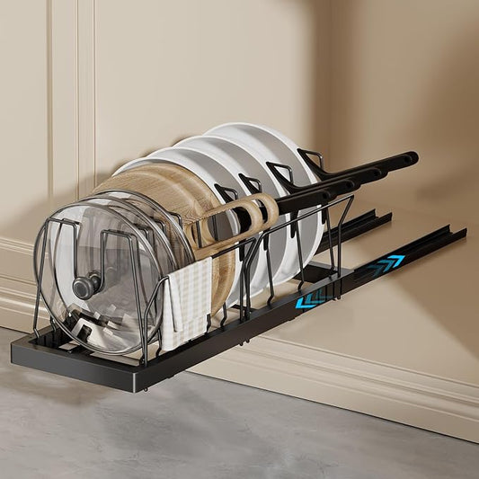 Magheo Pots and Pans Organizer Under Cabinet, 22" Deep Expandable Pull Out Pot Lid Organizer and Storage with 10 Adjustable Dividers No Drill Pot and Pan Holder Rack with Handle Bracket(1 Pack,Black)
