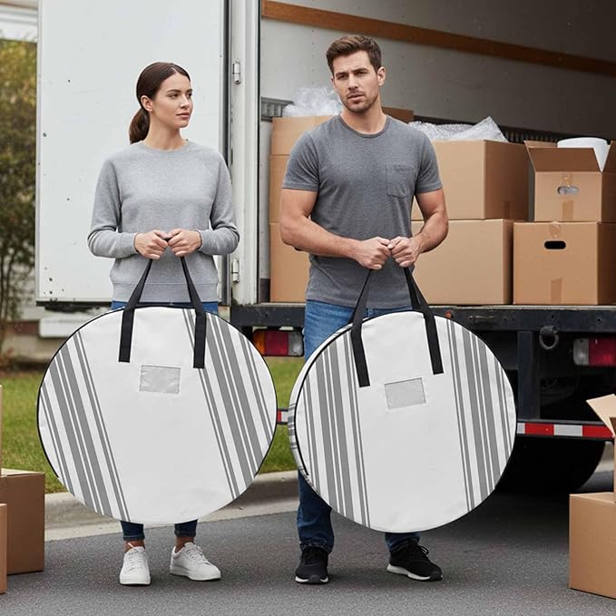 Storage Bag Gray Stripes Round Storage Totes Bins Closet Organizers with Zippers & Handle Simple Style Clothes Storage Container for Bedroom Dorm Space Saving Packing Supplies Moving Bags