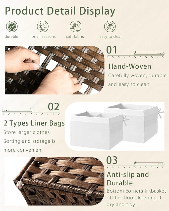 SETVSON Storage Basket with Lid Rattan Woven Storage Baskets with 2 Separate Lids, 17.2 Gallon (65 L), 22 x 13 x 13.8 Inches,Foldable, 2 Removable Liner Bags Handles for Bedroom, Laundry Room Brown