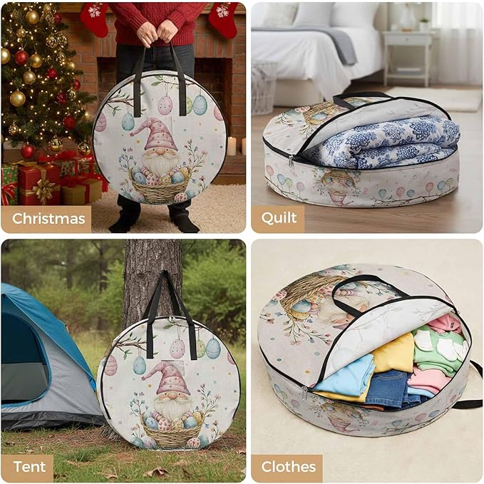 Easter Basket Gnome Round Storage Bag 30 Inch, Vintage Pink Blue Eggs Branch Spring Floral Linen Clothes Storage Container with Handles Heavy Duty Organizer for Comforter, Bedding & Holiday Wreaths