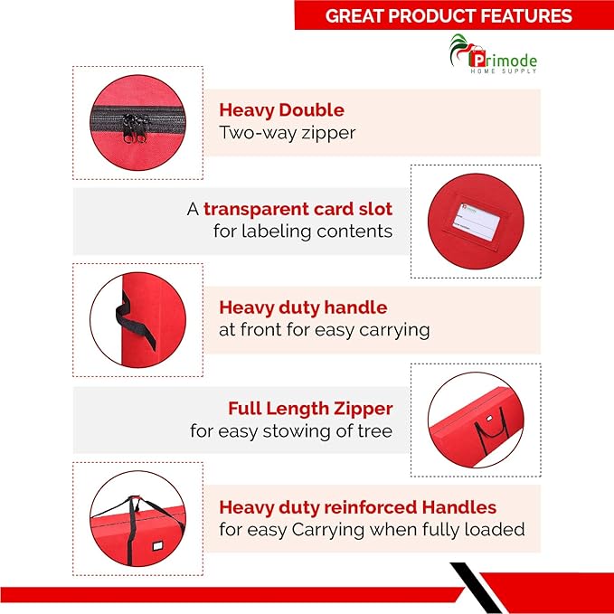 Primode Heavy Duty Christmas Tree Storage Bag | Fits Up to 7-8 Ft. Disassembled Holiday Tree | 50” x 15” x 20” Tree Storage Container | Durable 600D Oxford Material | Xmas Storage Box (Red)