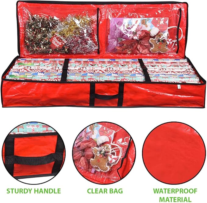 ProPik Wrapping Paper Storage Containers | Gift Wrap Organizer Under Bed 41”x14”x6” Fits 18-24 Rolls Fit Up to 40” Long Roll Wrap Storage Box Holder with Pockets for Ribbon Bows & Accessories (Red)