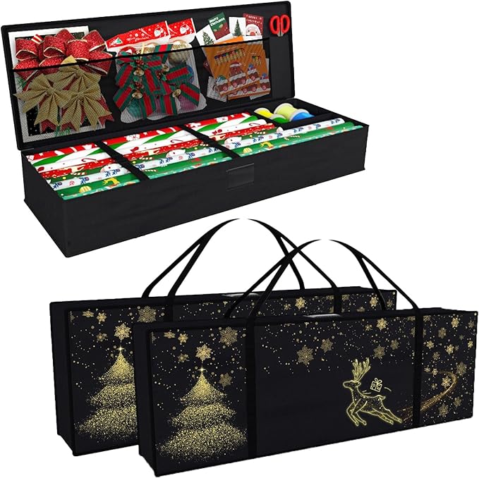 Safana 2 Pack Wrapping Paper Organizer Storage Bag, 42" Durable 600d Oxford Wrapping Organizer Box Under Bed Containers for Decorations Paper Rolls, Ribbons, Bows (Golden Deer)
