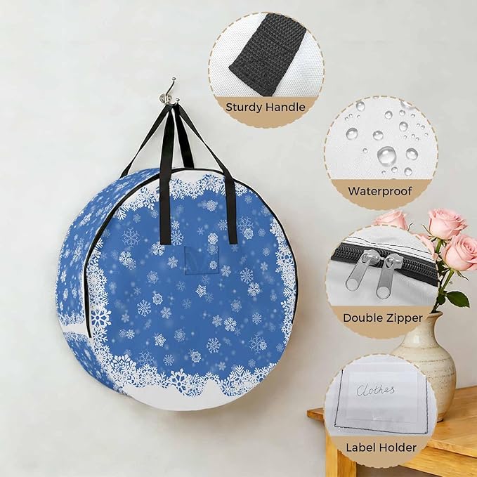 Christmas Dreamlike Round Storage Bag 24 Inch, Winter Snowflake Blue Background Clothes Storage Container with Handles Heavy Duty Organizer for Comforter, Bedding & Holiday Wreaths