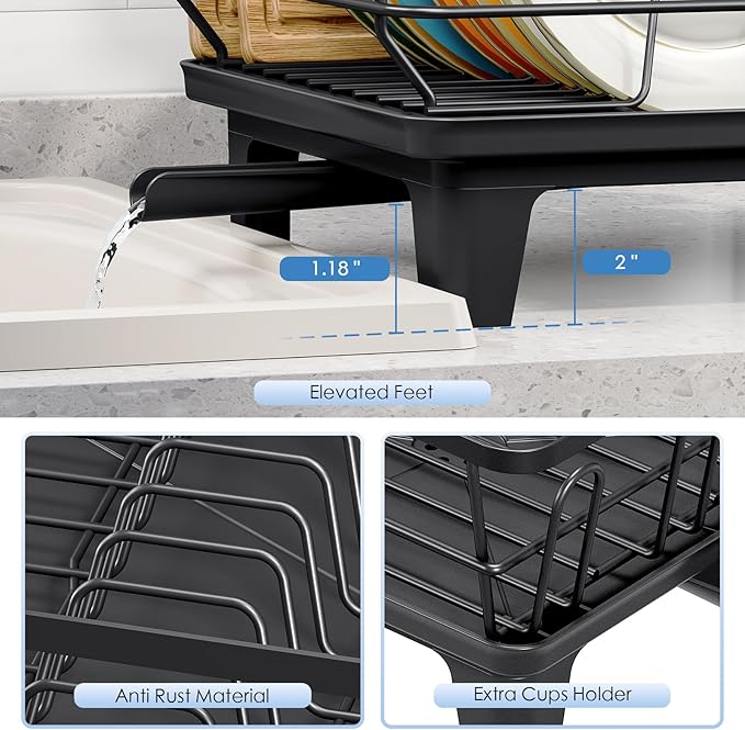 Urackify Dish Drying Rack for Kitchen Counter, Sink Dish Rack with Drainboard 12.2" W x 16.5" L, Large Dish Drainer with Cutlery Holder, Home Countertop Plate Dryer Storage Rack, Black