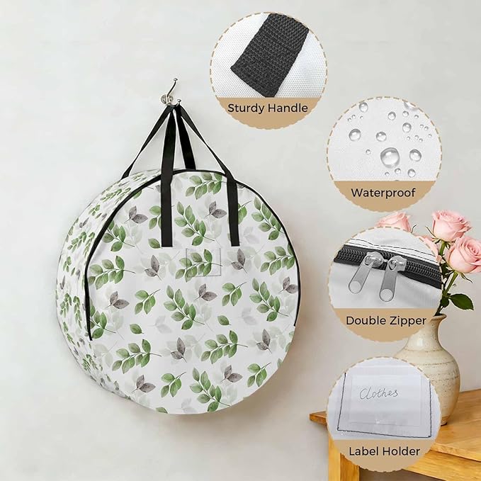 Botanical Country Round Storage Bag 30 Inch, Green Eucalyptus Leaves White Background Clothes Storage Container with Handles Heavy Duty Organizer for Comforter, Bedding & Holiday Wreaths