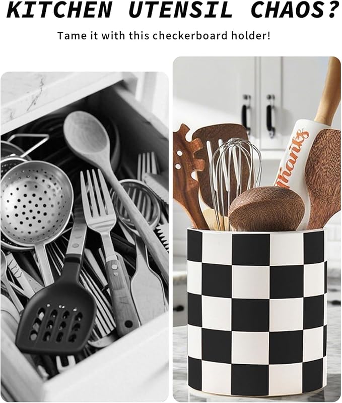 Checkered Kitchen Utensil Holder - 7.1"+5.8" Ceramic Utensil Crock for Countertop, Kitchen Decor and Accessories for counte (Black)