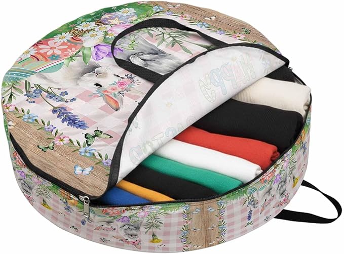 30 Inch Round Storage Bag 1 Pack,Spring Farm Easter Bunny and Flowers Waterproof Wreath Storage Container with Handles&Zipper Pink Buffalo Plaid Wood Grain Closet Organizer Bags Garland Box
